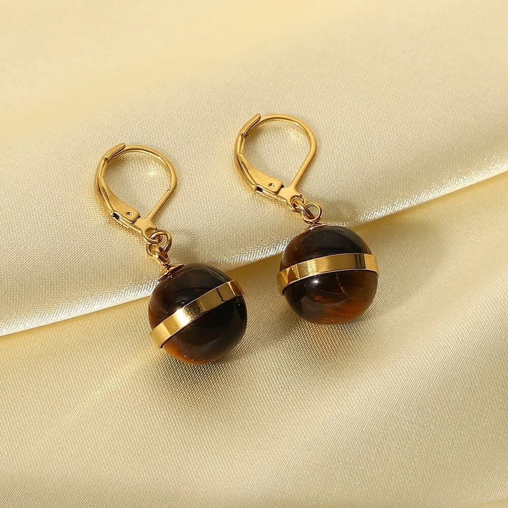 Natural Tiger Eye Ball Agate Pendant Earrings 14K Gold Plated Stainless‎ Steel - Picture 4 of 7